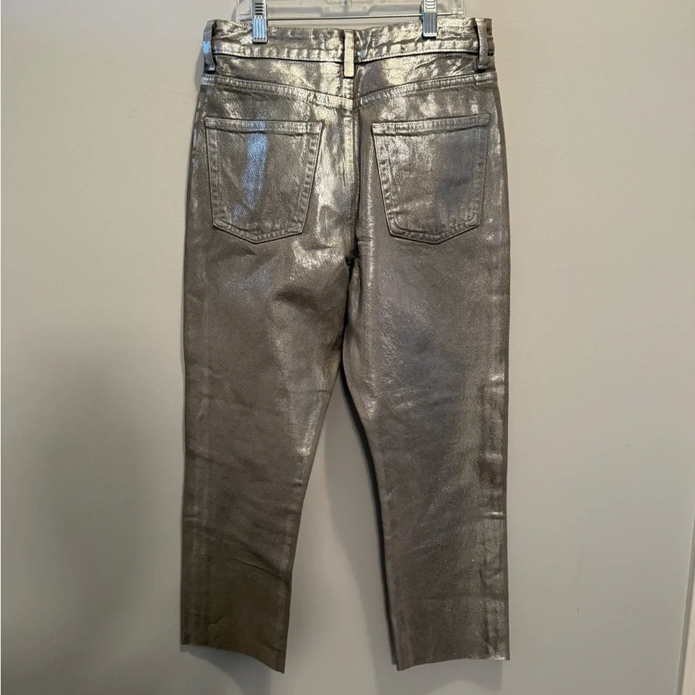 Zara Women’s Metallic Shiny Silver Straight Cropped Festival Jeans Size 4